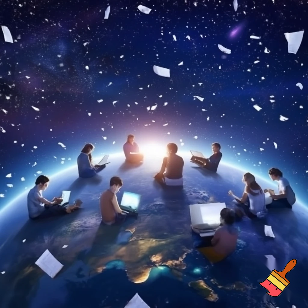The earth in space with teenagers sitting all around it in front of computers and envelopes flying in the air 