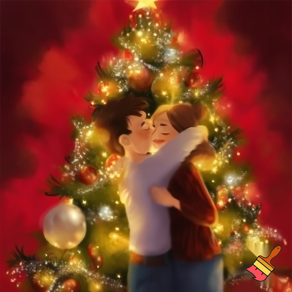 Een liefdespaar rode achtergrond kerstboom