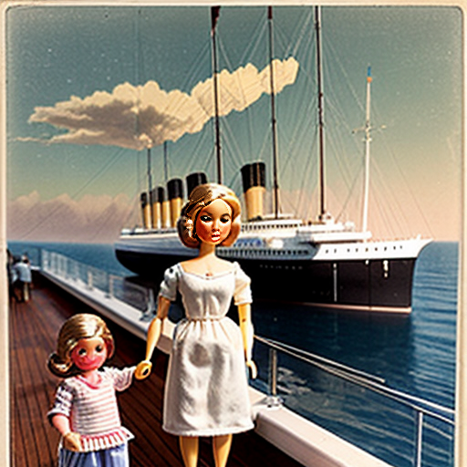 vintage barbie doll , her husband , children ,and baby on the deck of the titanic