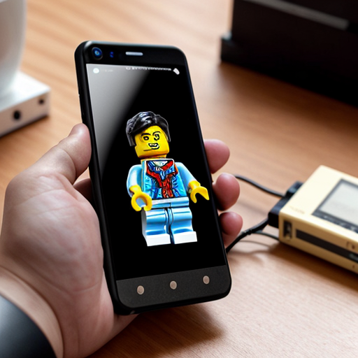 LEGO smartphone fully charged at 100%.
Battery appears intact and normal.
Clean LEGO environment.
Serious documentary tone.
Vertical 9:16.
