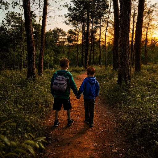One girl one boy kids in a forest back to back in a sunset