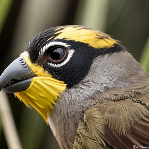 A small warbler-like songbird with a rounded body, olive-brown upperparts, plain wings, a bright yellow throat and upper chest, pale whitish belly, and a medium-length slightly rounded tail. The adult male has a distinctive black facial mask across the eyes and forehead, bordered above by a thin pale whitish or grayish line, creating a bandit-mask appearance. The bird often appears in dense low vegetation, reeds, shrubs, marsh edges, or tangled grasses.