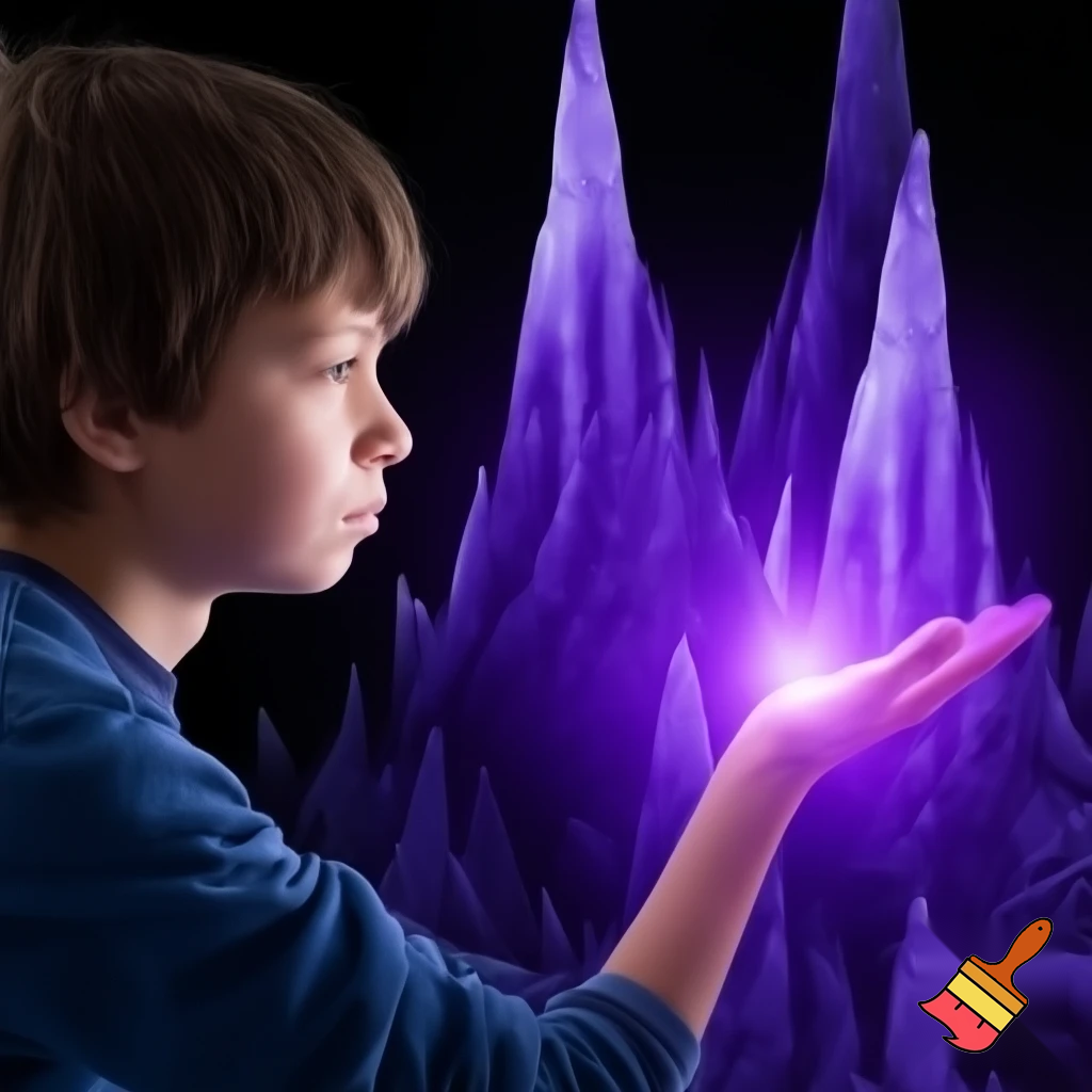 teen boy with his glowing purple hand out to the right, palm up, purple tinted ice erupting from the ground in towering spires, realistic,               side profile