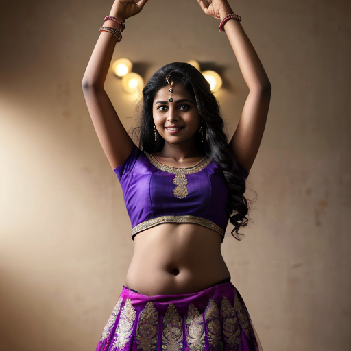 A 23 year old Indian woman in purple lehenga choli, raising arms above head