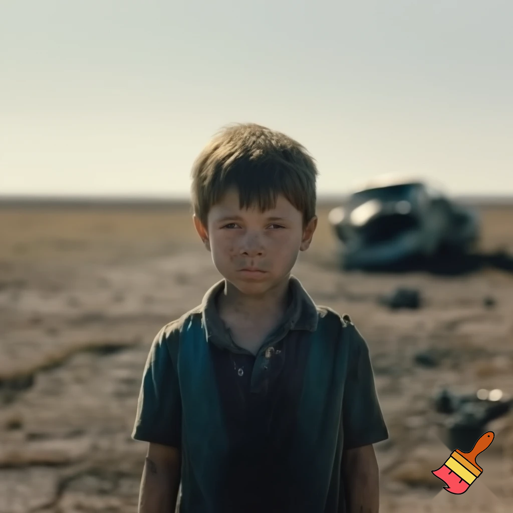 Draw me a photo of a little boy that is lost from a car crash in the middle of nowhere 