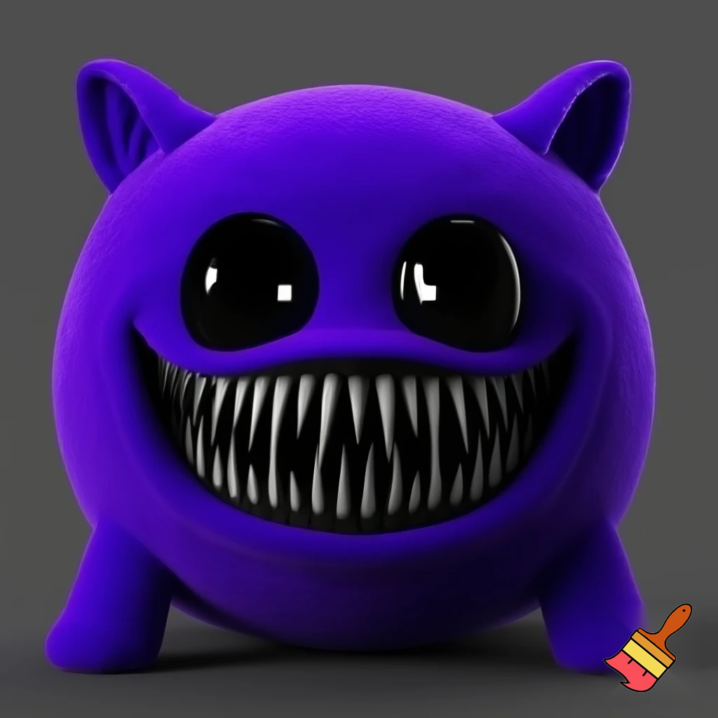 big purple monster it was shaped like a round thing with ears like a cat it had black eyes except for its tiny pupils that were a piercing white it had a wicked smile for such a short creature it had thousands of skinny razor like teeth in its mouth