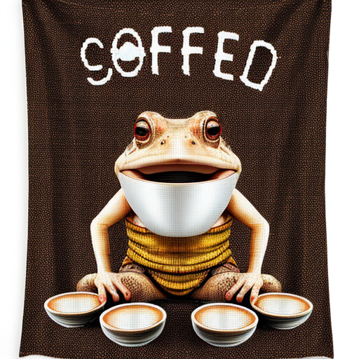 A hillarious, funny boho toad with some hippie colored coffee cups. Tapestry white background.