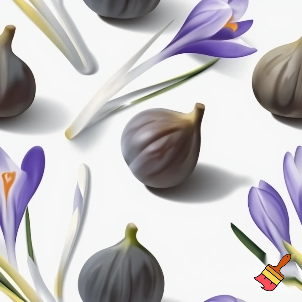 Generate an artwork pattern of grey colored fig fruits and Crocus flowers on a white background