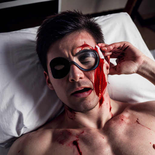 A shirtless man, face are hiding by shirt with cut on eye part, died, chest open wounded, blood everywhere, mouth are bleeding blood, eye closed.