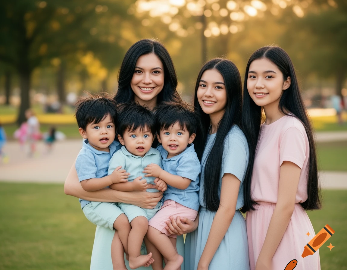 create a family photo with a 26 year old mother and 2 year old boy triplets with black hair and blue eyes and then 16 year old triplet girls with black long hair and make all of them with black hair
