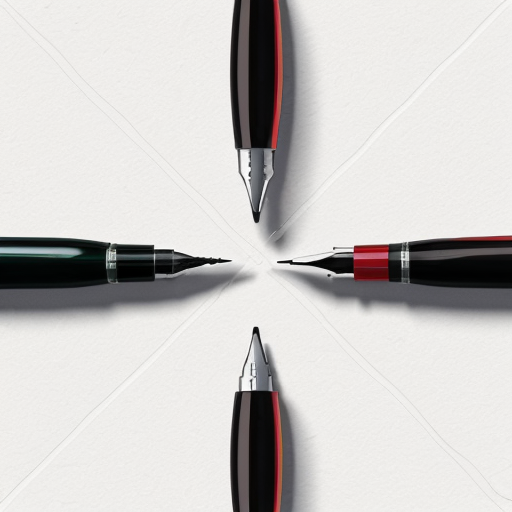 Same top-down view. The red fountain pen moves clockwise, beginning to connect the ink droplets with a thick glossy black line. The ant stays in the center. Ink line is shiny and wet-looking, reflecting light softly. Minimalist white paper background. 2D digital illustration, detailed, realistic textures.
