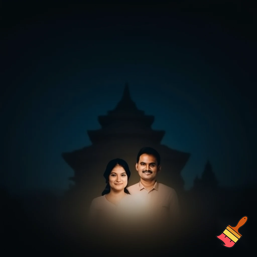 📿 रात्रि का दृश्य, मंदिर जैसी शांति, पति-पत्नी के चारों ओर दिव्य प्रकाश