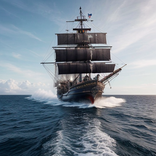 Pirate ship with pirates attacking another ship. Firing cannons and guns. Long cutlasses, peg legs and eye patches
  