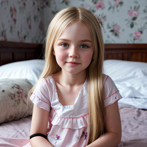 russian little girl, blonde long hair, nightdress, bedroom background