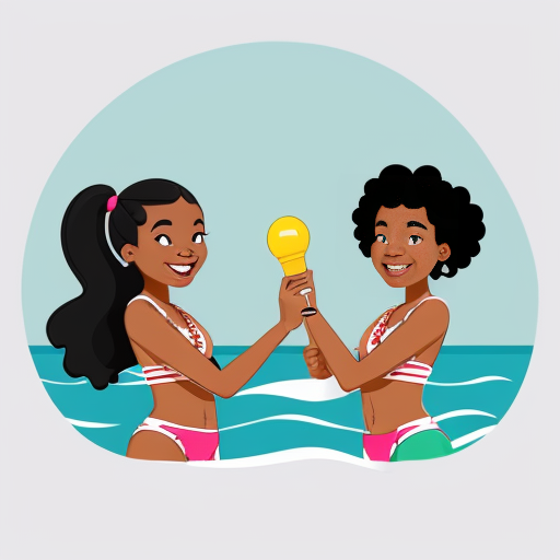 Two young small girls, one with dark skin, black curly hair and red two-piece swimsuit, and the other with light skin, blonde straight hair and blue two-piece swimsuit, they are playing in the sea, cartoon-style bold line work, vibrant colors, cel shading