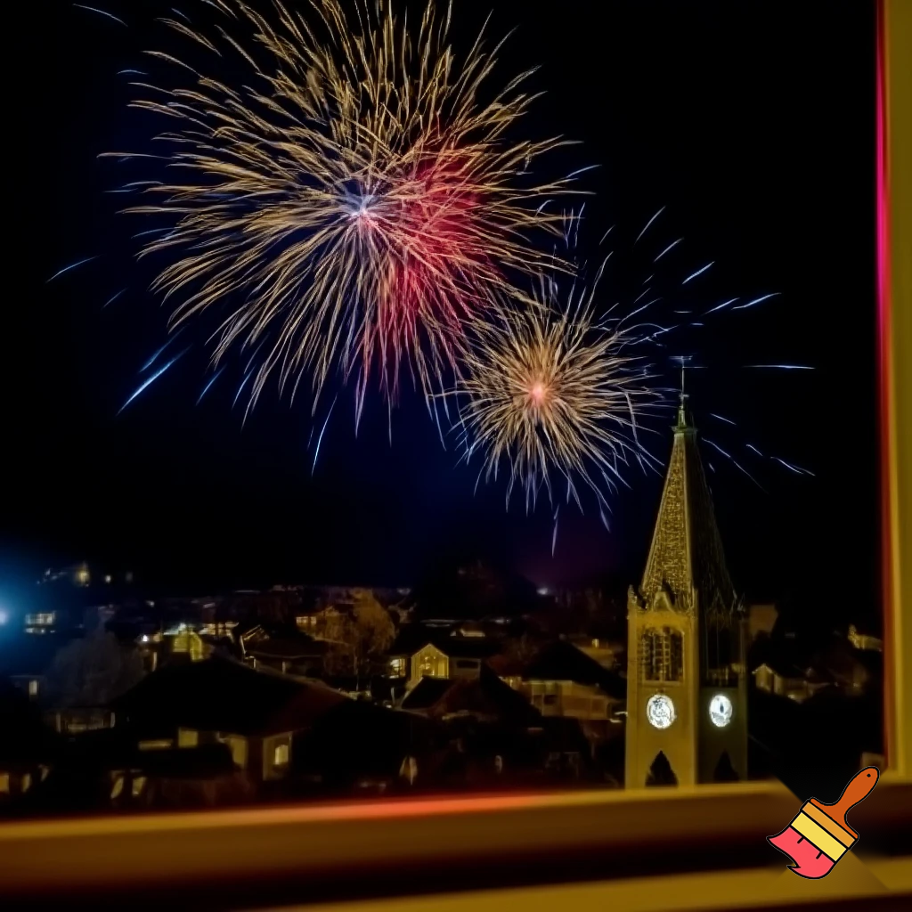 view from a window on a small town at night, the clock tower at the right side and fireworks on the sky