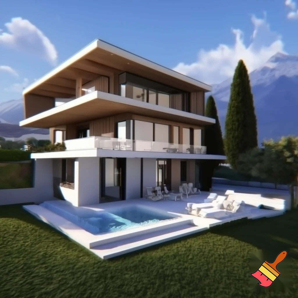 Crea modellino di villa 3D con piscina,in montagna 
