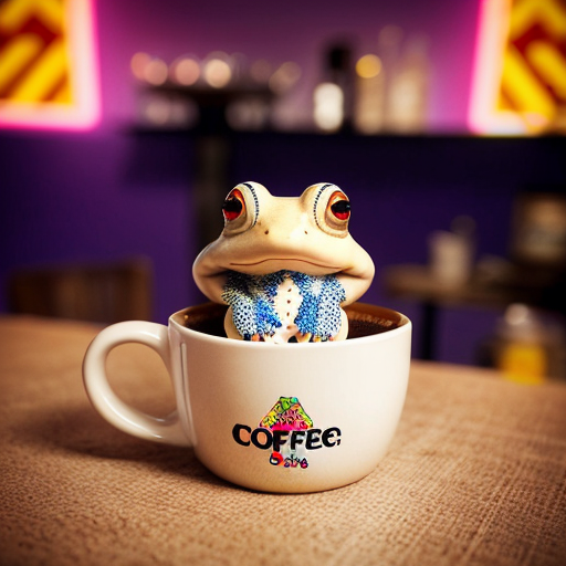 A hillarious, funny boho toad with some hippie colored coffee cups. Psychedelic decorated background.
