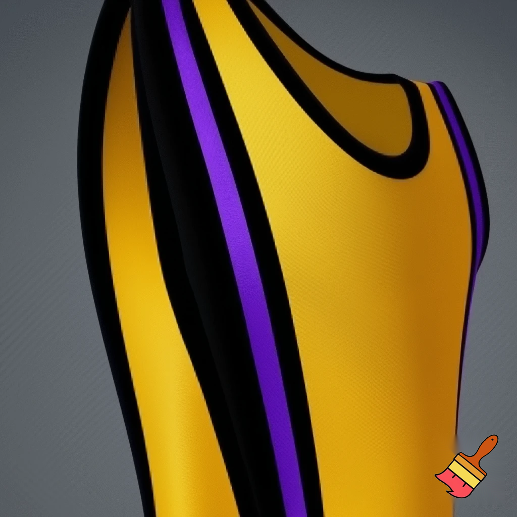 a yellow singlet with a black stripe around the edge than a purple one before it 
