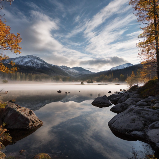 A breathtaking 4K ultra-high-definition landscape wallpaper, photorealistic, shot with a 50mm lens at golden hour. A serene mountain lake reflecting snow-capped peaks and vibrant autumn forests, mist rising gently from the water, soft sunlight breaking through clouds, rich textures in rocks and foliage, cinematic lighting, extremely detailed, sharp focus, no watermark, 16:9 aspect ratio.