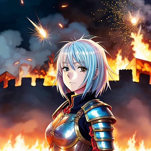 young, tall, white-haired woman in armor stands in front of a burning castle into which meteorites are falling.