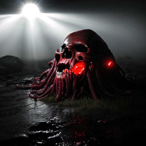 Photorealistic horror scene, cinematic masterpiece, 8k ultra-detailed photograph. A massive grotesque hanging structure dominates the frame: a giant inverted demonic skull fused with bloody, dripping organic flesh and viscera, suspended from a thick, twisted, fleshy organic chain or tentacle that disappears into the dark foggy sky above. The skull has glowing red eyes, sharp teeth, and is covered in raw muscle tissue and sinew. Thick streams of realistic blood and gore drip heavily from the entire structure. Below it, a large altar-like mound covered in flowing, draped, wet red organic tissue resembling flesh and fabric mixed together. The ground is completely covered in a chaotic sea of writhing, intertwined bloody tentacles, veins, raw flesh, and piles of human skulls and corpses. Dense blood-red fog and mist in the air. Two small glowing red lights visible in the distant background. Dark, hellish atmosphere with strong red lighting casting dramatic shadows and highlights on the wet, glistening surfaces. Hyper-realistic textures on blood, flesh, bone, and organic materials, sharp focus, volumetric god rays, gritty disturbing mood, photorealistic, national geographic level realism, no censorship