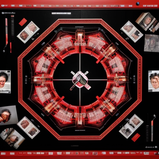 Could you generate a crime board with photos and red threads forming an octagon?