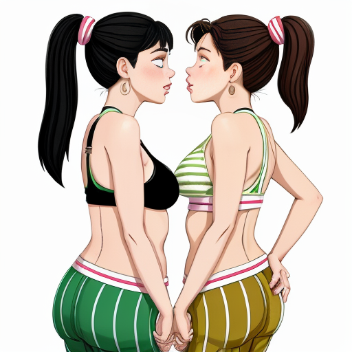 90's disney's 2d aladdin style comic black background and panels of 
Panel 1 a curvy figure two headed woman with brown hair and black striped haired ponytail and with green skin barefoot with green and white striped harem pants and pink and white striped bra marching towards viewer. 
Panel 2 then the curvy figure two headed woman with brown hair  black striped haired ponytail and with green skin barefoot with green and white striped harem pants and pink and white striped bra both looked at each other while marching towards the viewer.
Panel 3 then the curvy figure two headed woman with brown black striped haired ponytail and with green skin barefoot with green and white striped harem pants and pink and white striped bra gives kisses towards viewer. 
Panel 4 then the curvy figure two headed woman with  brown hair and l black striped haired ponytail and with green skin barefoot with green and white striped harem pants and pink and white striped bra kissing the viewer while marching. 
Panel 5 then the curvy figure two headed woman with brown hair black striped haired ponytail and with green skin barefoot with green and white striped harem pants and pink and white striped bra turns around and turns around and revealing to the viewer a yellow triangle shaped stitch patch was on the middle of her butt of her green and white striped harem pants. 
Panel 6 then curvy figure two headed woman with brown hair and black striped haired ponytail and with green skin barefoot with green and white striped harem pants and pink and white striped bra shakes her butt with the yellow triangle shaped Stitch patch on her big butt. 