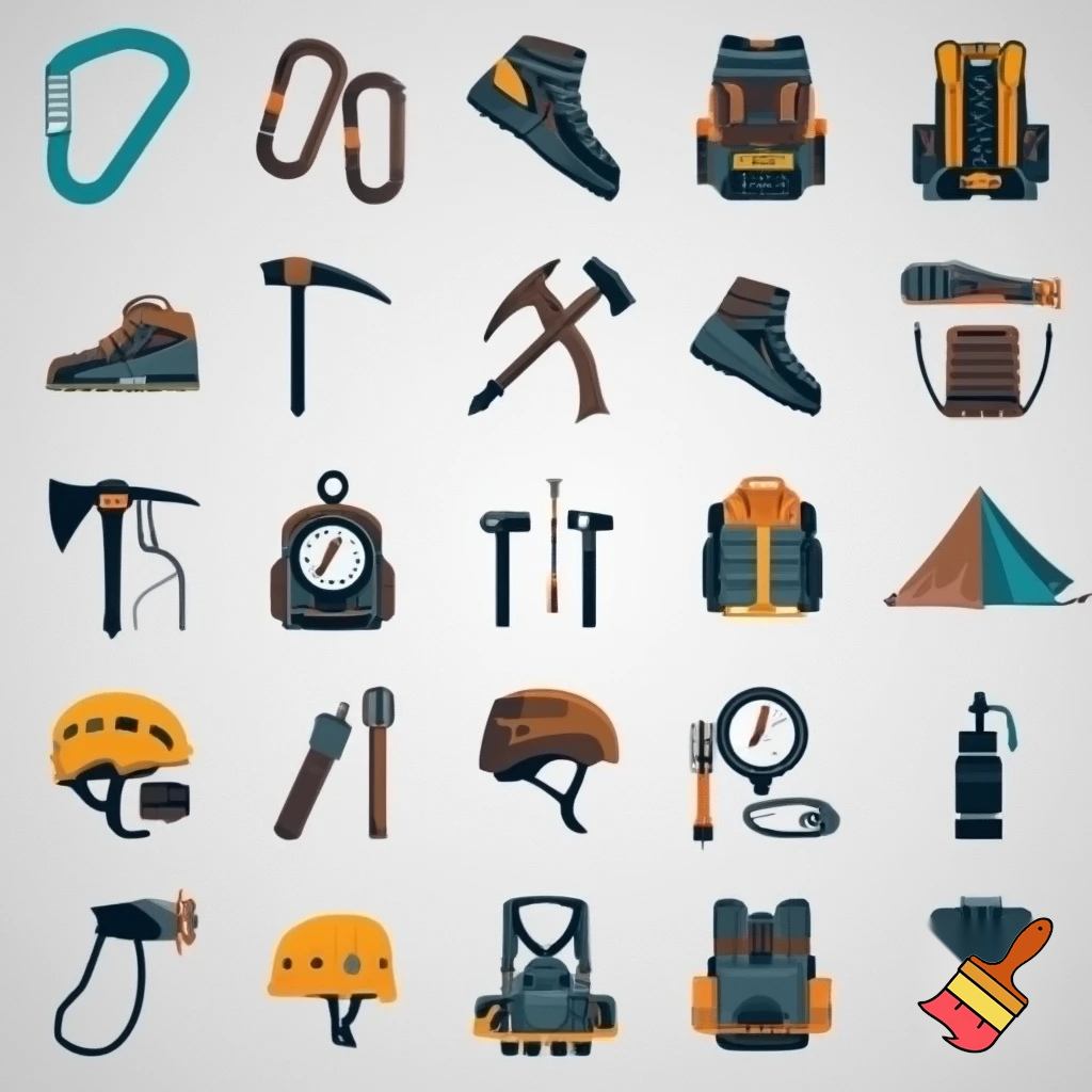 draw me 20 icons of climbing and hiking items