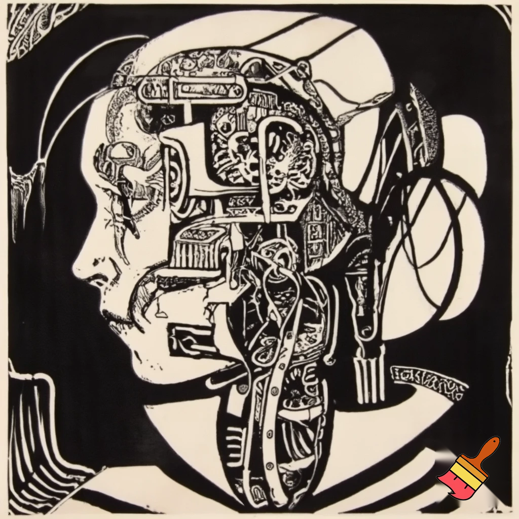 Bio-mechanical girl portrait, noise art. In the style of a 1920's German Expressionist woodcut print. Black & white.