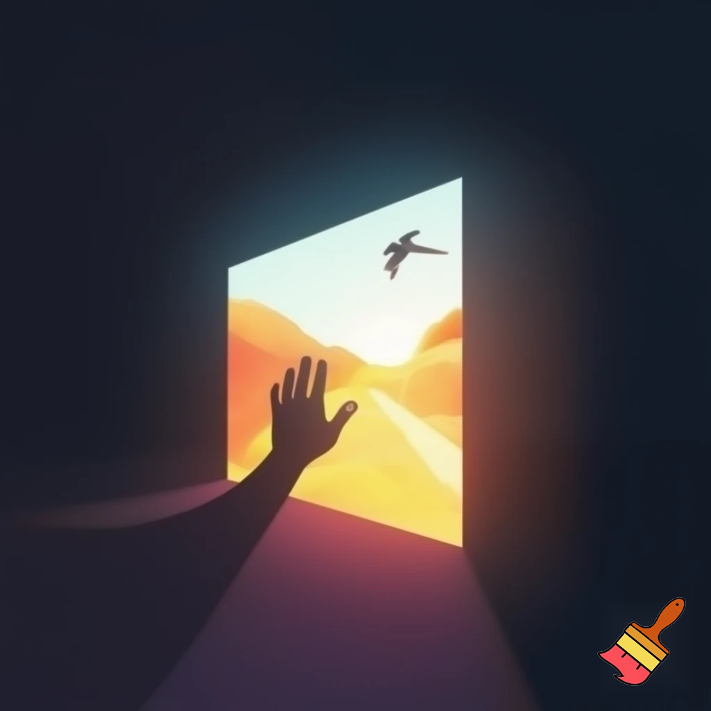 Silhouette ouvrant un écran comme une fenêtre sur un paysage lumineux. Icône symbolique de liberté ou d’émancipation (oiseau, lumière, chemin ouvert).