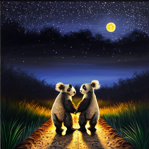
A painting of a cute panda and koala sit , standing on a glowing path filled with fireflies. In the background, a calm sea under a bright full moon and a starry sky. Two bluethroat birds are flying gracefully above them."