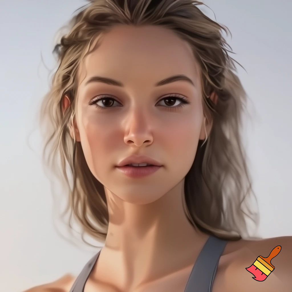 portrait of a young adult woman 22 years old with an oval to slightly narrow face, high natural facial symmetry, and clearly defined but not exaggerated cheekbones. Straight, narrow nose, harmoniously proportioned lips, symmetrical eyes with a calm, friendly expression. Light to dark blonde, slightly wavy hair. Natural skin texture, subtle makeup. Soft daylight, neutral background, modern, athletic body with big breats