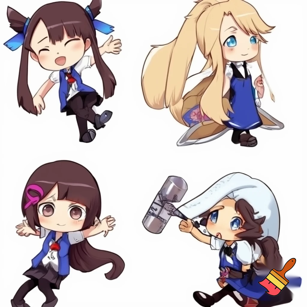 Create an action Chibi base pose image. 4 characters each representing the personalities of Akko, Diana Cavendish, Sucy, and Lotte. So, dress them up as kingdom hearts outfits. But use themes from the show combined with the game. Make sure it’s colored and detailed. Add stars
