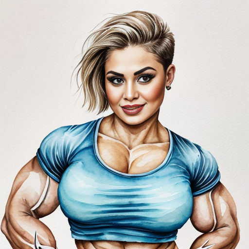 Tomboyish girl with huge muscles, Clipped Pixie haircut, round face with a defined jawline, thick and muscular neck and large and rounded breasts in unbuttoned jacket over blue T-shirt 