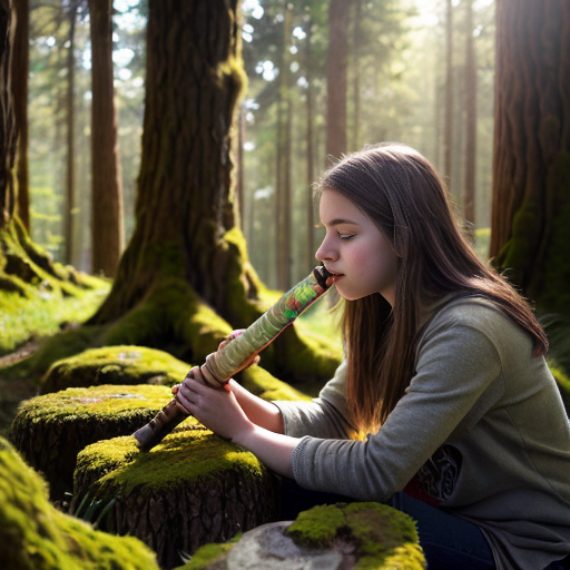 “Teen girl discovering a sacred wooden flute on a mossy stone in a sunlit forest, semi-realistic, vibrant greens.”