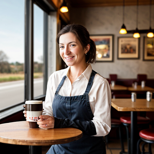 A small roadside diner. A beautiful waitress leans over to pour coffee into a customer's cup at a table. The waitress smiles. Photorealistic. 9x16