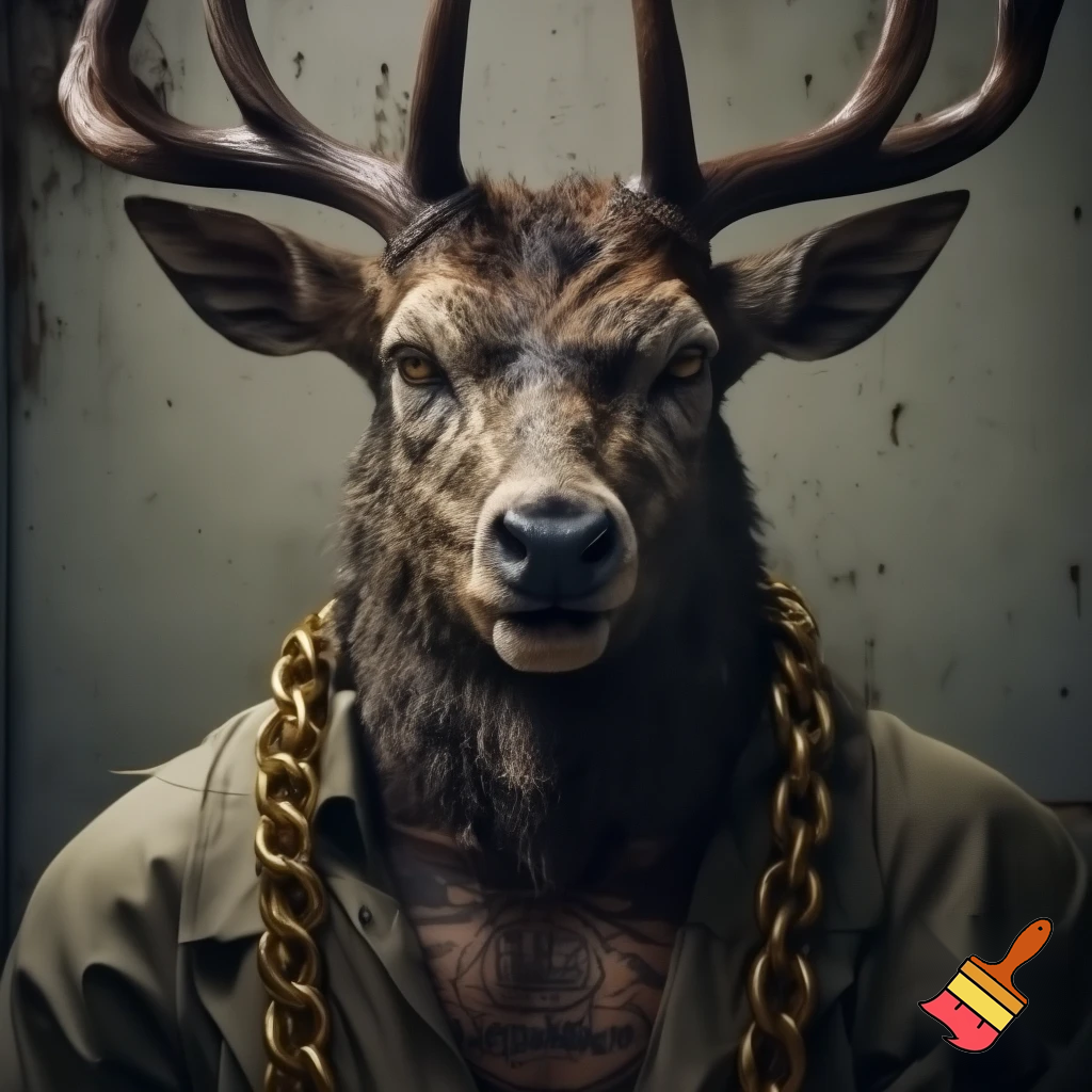 mugshot of a fierce evil deer wearing prison outfit with tatoos and gold chains