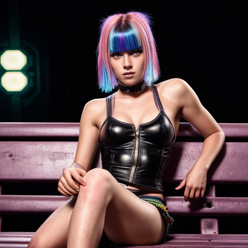 A portrait by pierre et gilles of a rebellious young girl inspired by Blade Runner, in vibrant ProPhoto RGB colors, sitting on a park bench