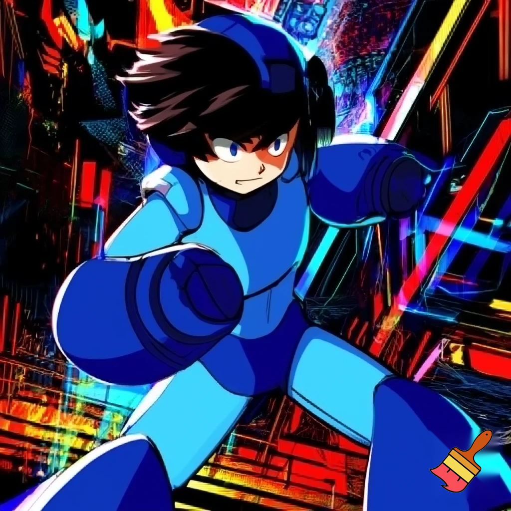 Mega man striking a pose but without his helmet. Instead mega mans head has dark black hair on top. 