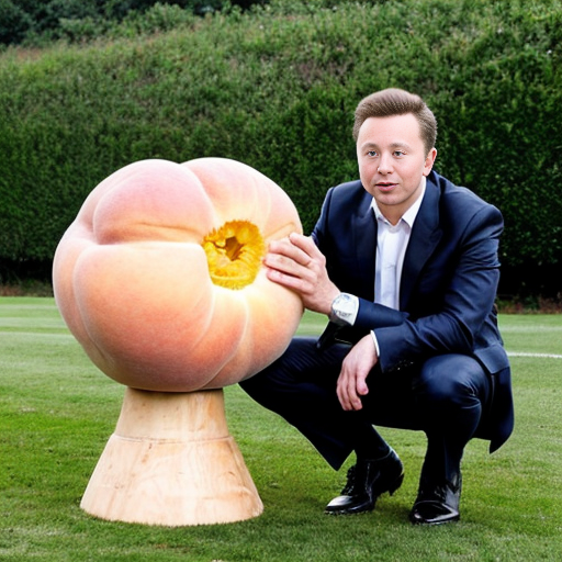 Elon touching a large peach on a hill and Messi there