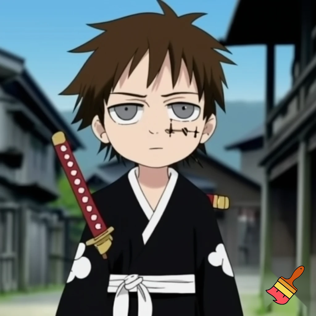 A brown haired boy with a black robe with clouds on it, a scar on his face, a katana on his waist and gray eyes, also  a six pack, the background is a calm village in Japan.