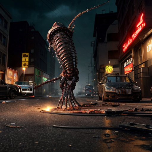 a rain-slicked city street at night, neon signs flickering through the haze as twisted biomechanical abominations shamble between overturned cars and shattered storefronts. These grotesque humanoid hybrids fuse pulsating organic tissue with rusted plating, their exposed muscle fibers writhing around hydraulic pistons, dripping blackened oil and viscera onto the cracked asphalt. Hazmat-suited figures scramble in the background, their glowing containment units casting an eerie green light on a bisected robot corpse—its still-twitching upper half dragging itself forward using torn intestinal cords as grappling hooks. Half-melted faces stretch across metal skull frames, jaws unhinging vertically to release guttural steam hisses as they clutch eviscerated human torsos like gruesome shopping bags. A towering construct with six spinal columns fused into a centipede-like tail crushes a streetlight underfoot, its dozen mismatched eyes reflecting the distant explosion ripping through the quarantine zone's barricades