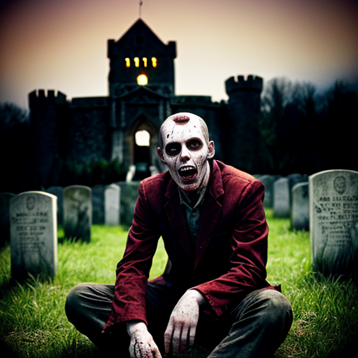 a vampire face with full crimson blood in his mouth. he is sitting in a grave with other zombies around and behind him is a big ancient castle