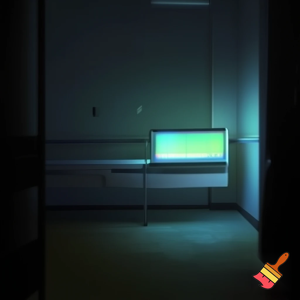 Dark hospital room, night, faint light, heart monitor glowing	