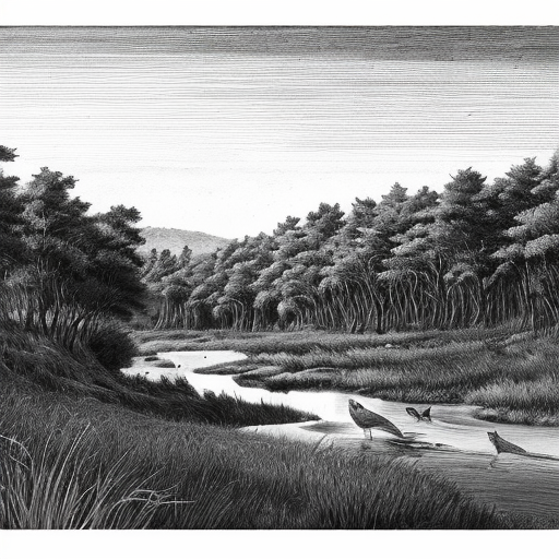 black-and-white illustration, pencil-like, depicting wildlife in a forest, layout vertical