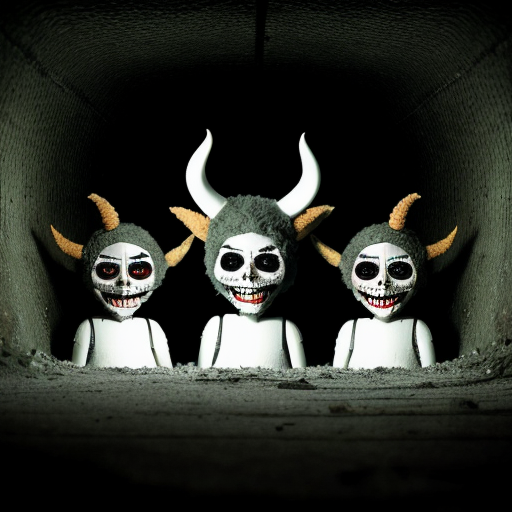 A 9:16 aspect ratio pic of 
Photorealistic found-footage flash photography of three uncanny puppets in a dark concrete tunnel. Left: furry grinning demon with horns. Center: pale, blank-faced puppet in an oversized white military cap. Right: tall, grinning white puppet with hollow black eyes and a propeller beanie. Analog horror, heavy VHS grain, harsh camera flash, eerie green-blue tint, macabre, liminal space.