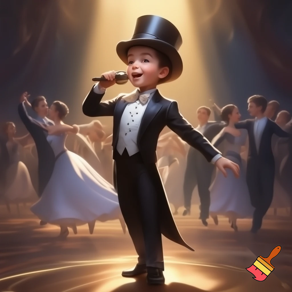 Preteen Boy in Shiny Top Hat White Bowtie Black Tailcoat Black Shoes Singing in Microphone on a big Stage. Behind him Ballroom Dance Kid Couples Dancing, Boys in formal stylish Tailcoats, Girls in beautiful Ballroom Gowns