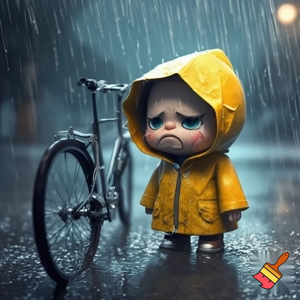A sonic with a eyebrow gloomy tears  a sad mouth with bikecycle a stand rain raincoat yellow

