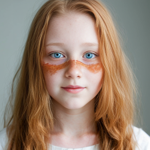 a girl 14 yeras old with long ginger strait hair round face lots of freckles